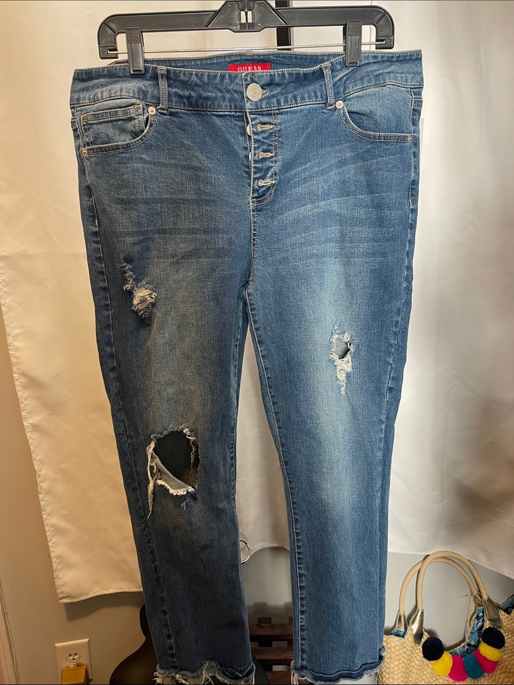 GUESS Women's Distressed Medium Blue Skinny Jeans